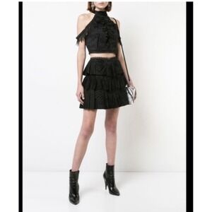 Alice Olivia Iggy Pleated Black Mini Skirt Size 6 Tiered Ruffle Party Night Out